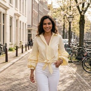 Women's Tie-Front Puff-Sleeve Shirt - Light Yellow